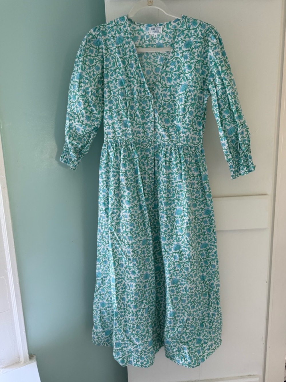 Turquoise Pink City Prints Dress with V-Neck